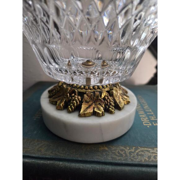 Vintage Cut Crystal Bowl on Marble Pedestal Base with Brass Grapevine Trim 5" - Picture 3 of 7